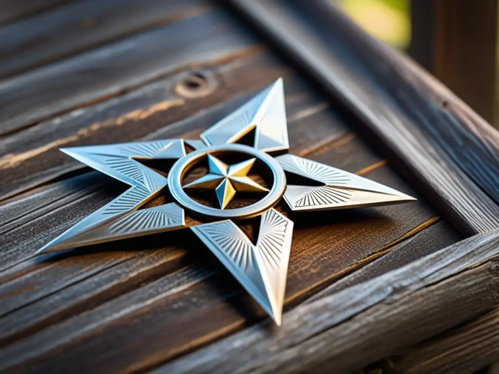 Closeup de shuriken japonés sobre madera envejecida, con silueta de samurái