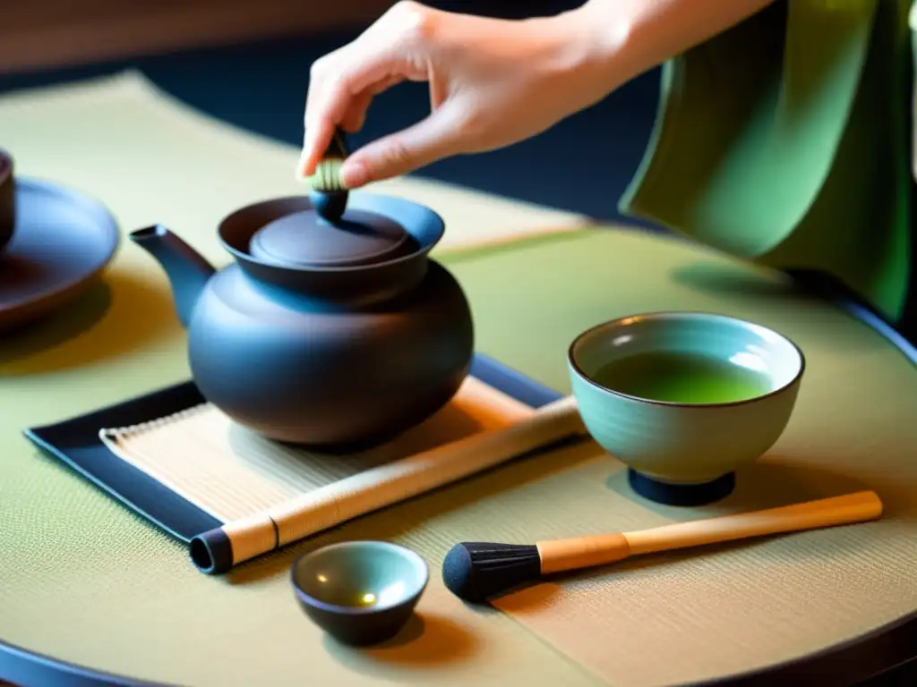 Closeup de utensilios para ceremonias del té en samurái, destacando la artesanía y serenidad de la preparación de matcha