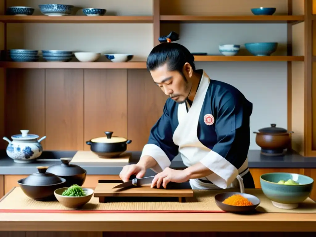 Cocina samurái en casa: Un chef samurái corta ingredientes frescos en una cocina japonesa tradicional, con una atmósfera cálida y llena de historia