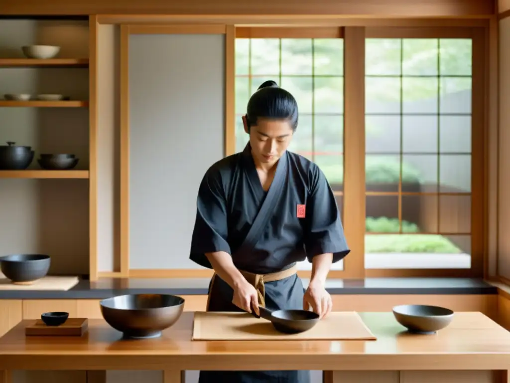 Cocina samurái con influencia zen; chef preparando plato delicado en ambiente sereno con utensilios tradicionales