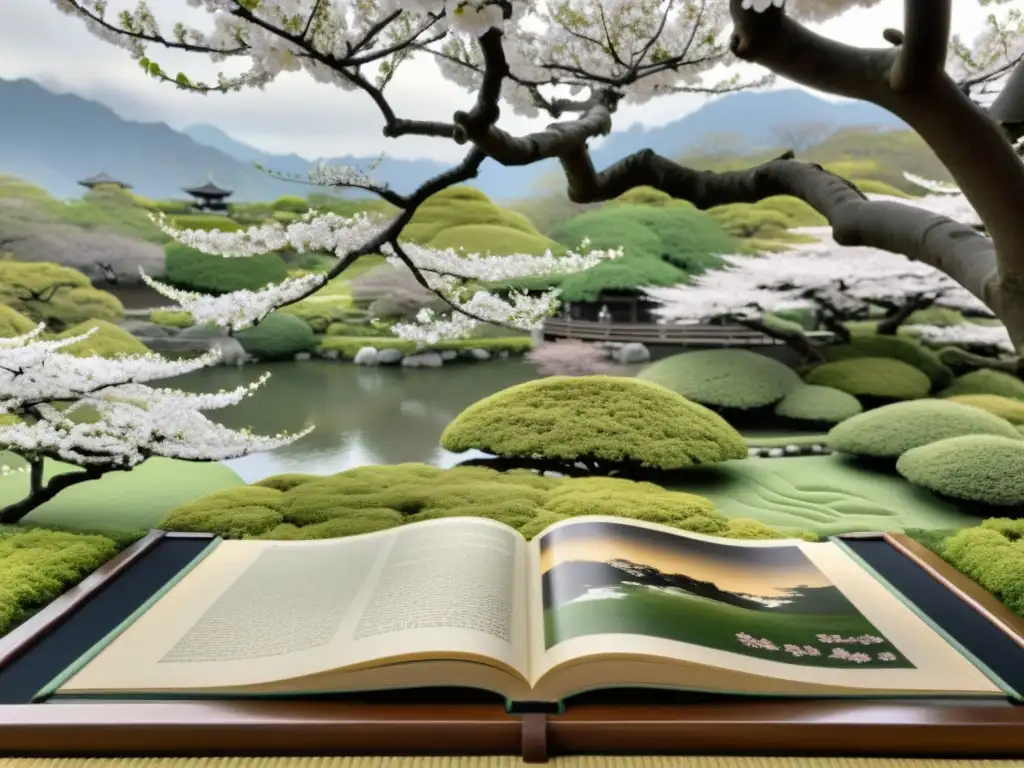 Una colección de clásicos del samurái y literatura japonesa en un tatami, rodeada de un jardín de cerezos