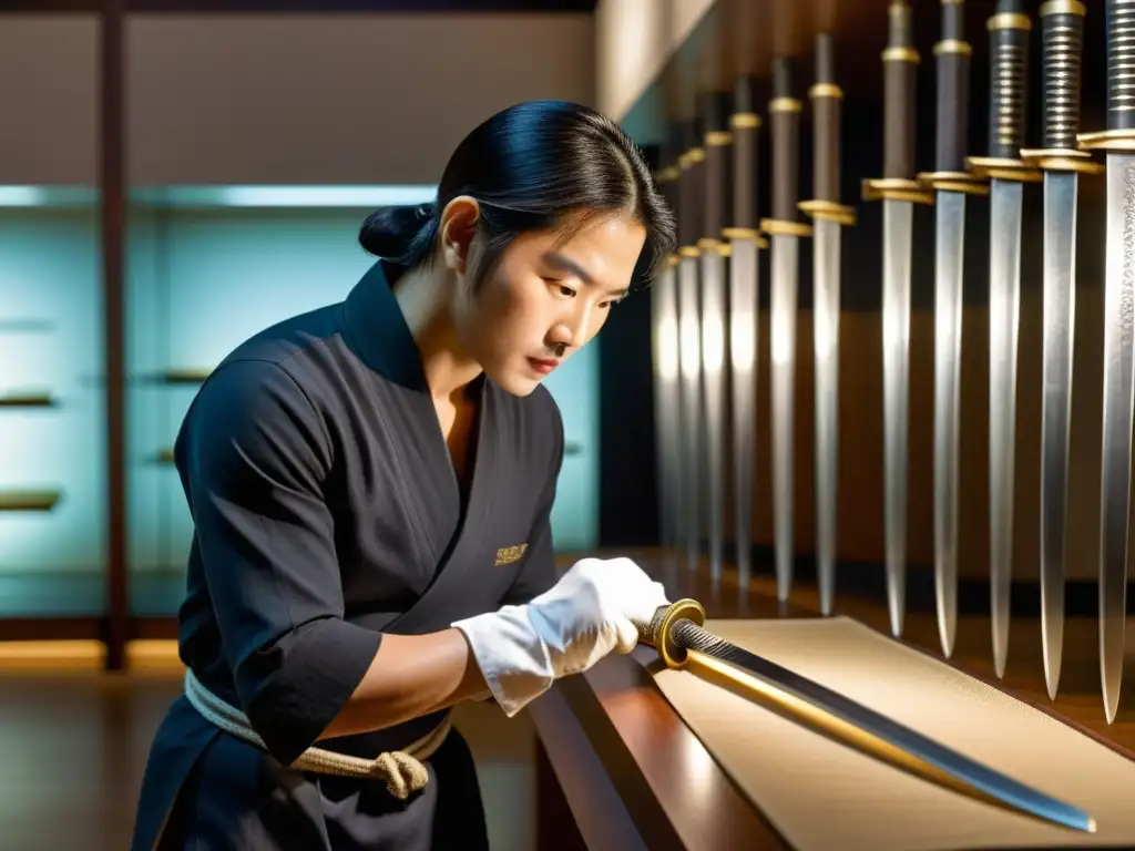 Un coleccionista moderno examina con reverencia una antigua y bellamente elaborada katana bajo suave iluminación de museo, destacando el valor cultural del coleccionismo de katanas en el siglo XXI