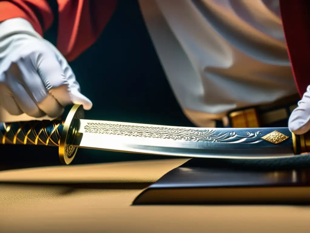Un coleccionista examina con reverencia una katana japonesa bajo una brillante iluminación de estudio