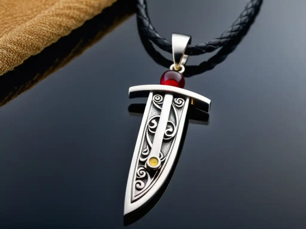 Colgante de plata con forma de espada samurái, rodeado de pétalos de cerezo, evocando la joyería inspirada en espadas samuráis