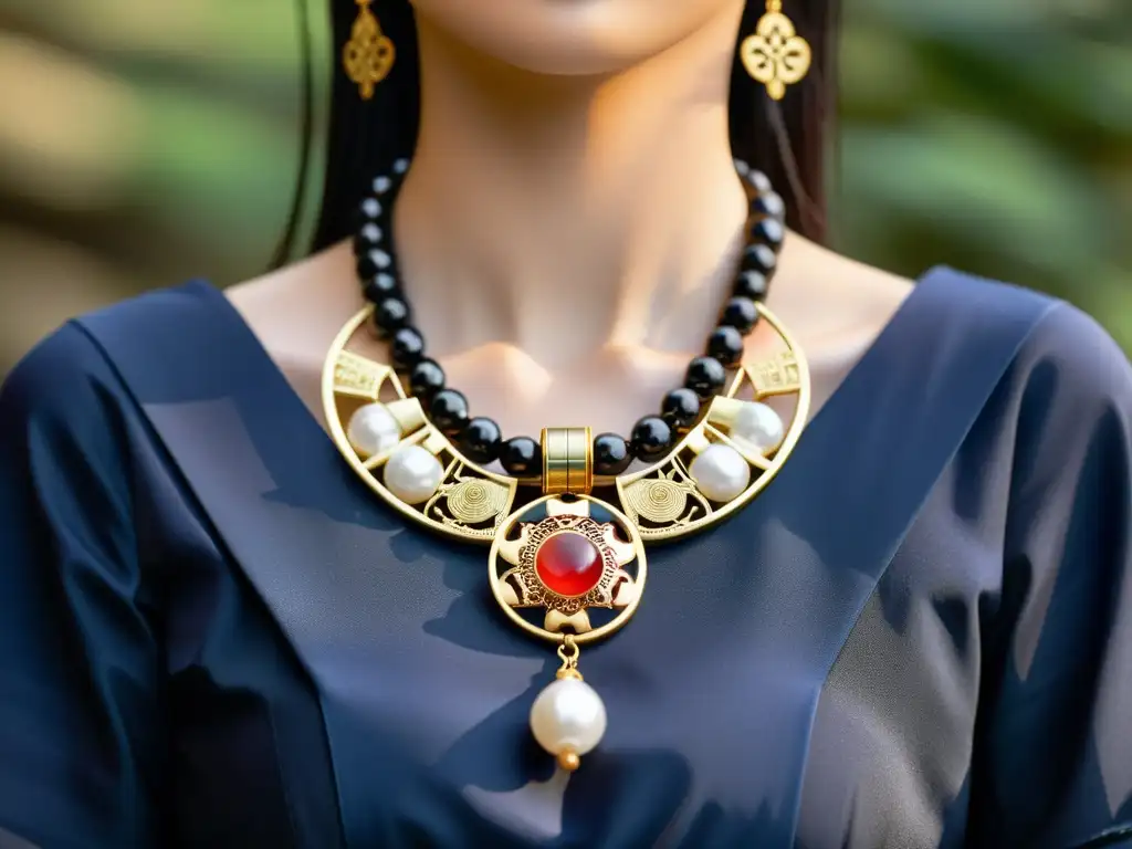 Collar samurái con gemas y perlas, reflejando la influencia samurái en la joyería japonesa