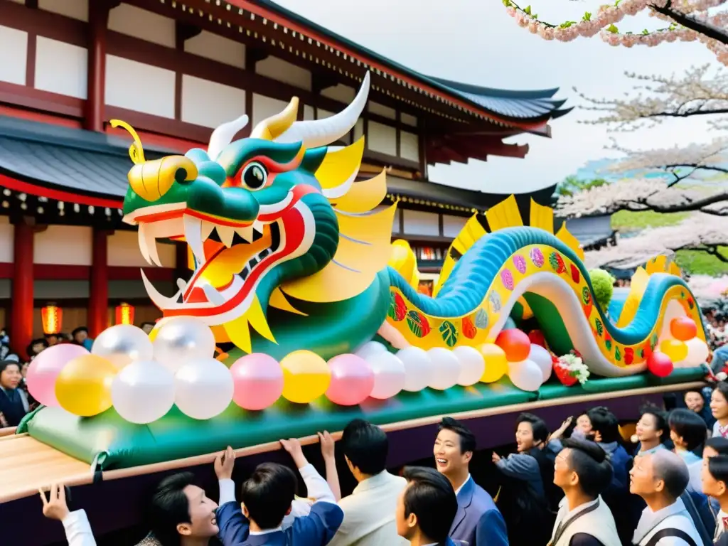 Un colorido y elaborado carro alegórico japonés llevado por personas vistiendo atuendos festivos, rodeado de espectadores y árboles de cerezo en flor