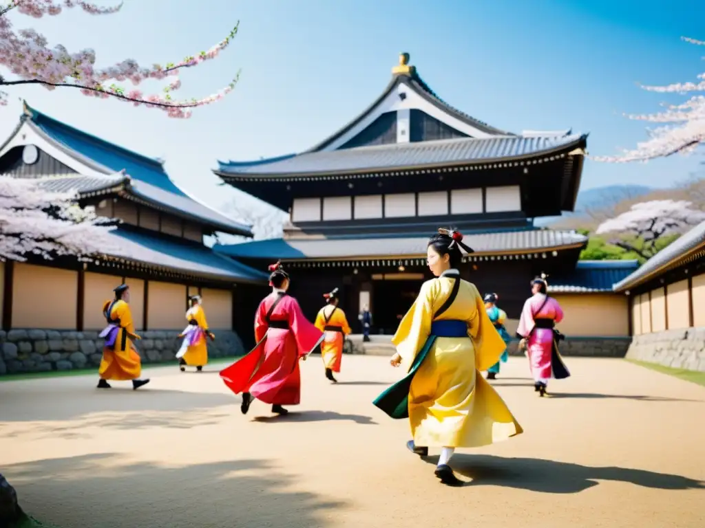 Colorido festival japonés en un castillo samurái, con actividades culturales y sakuras en flor