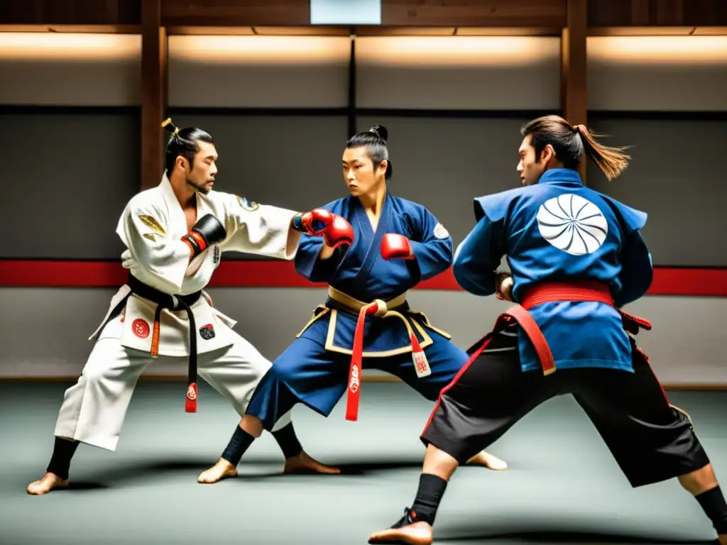 Combate de artes marciales europeas y japonesas en dojo moderno, reflejando la presencia europea en evolución samuráis