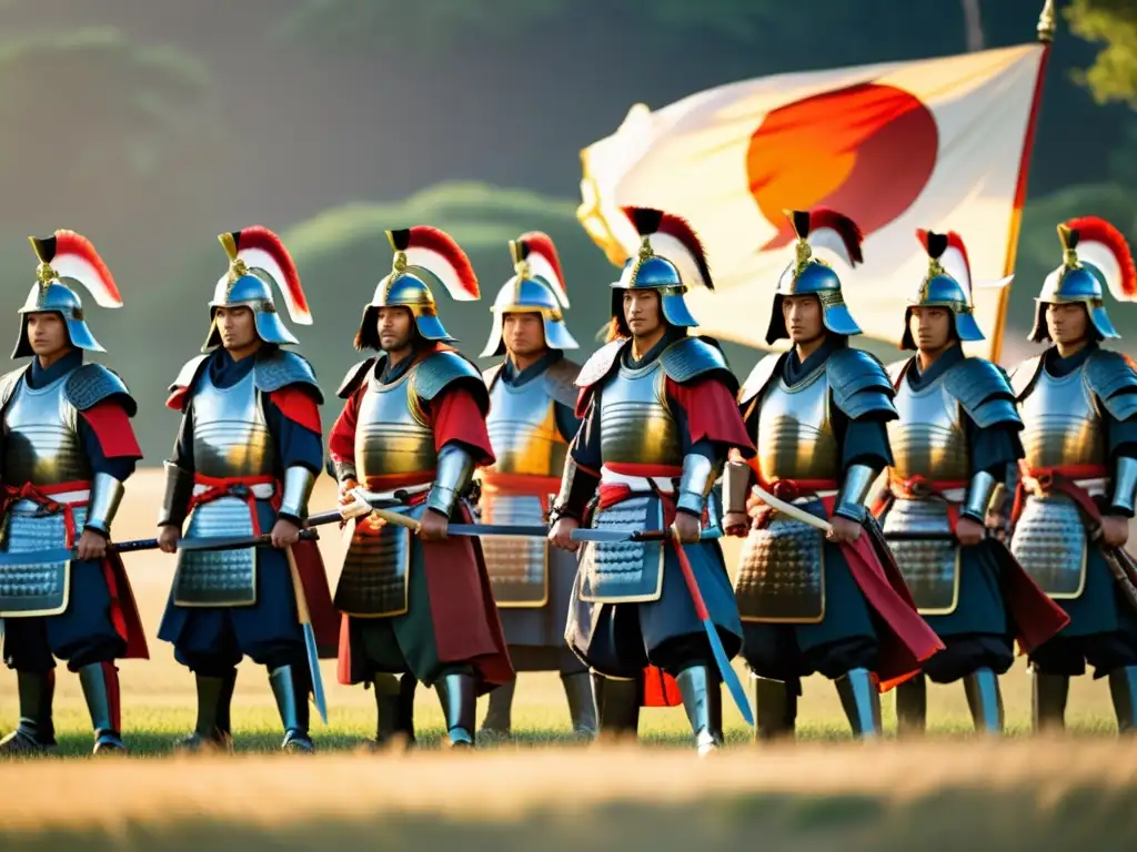 Formación de combate samurái táctico: Guerreros samurái en armadura tradicional, con espadas alzadas en un campo, bajo el cálido sol de la tarde