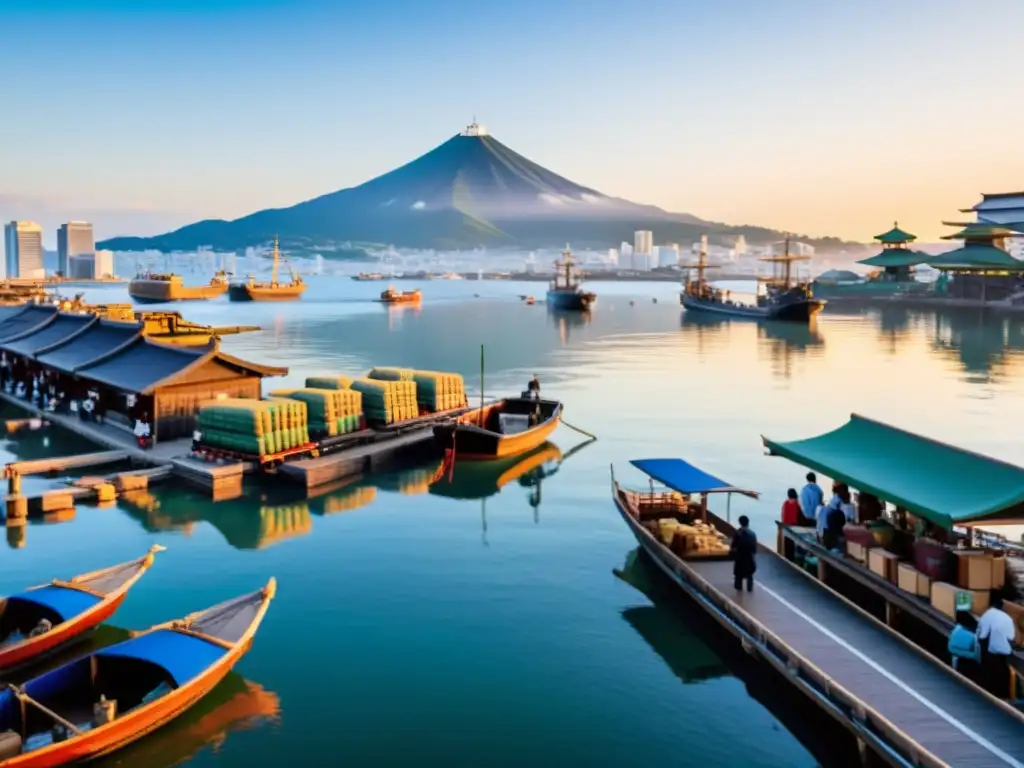 Comercio marítimo en la era samurái: Puerto japonés bullicioso al amanecer, con barcos de carga de madera y samuráis vigilando