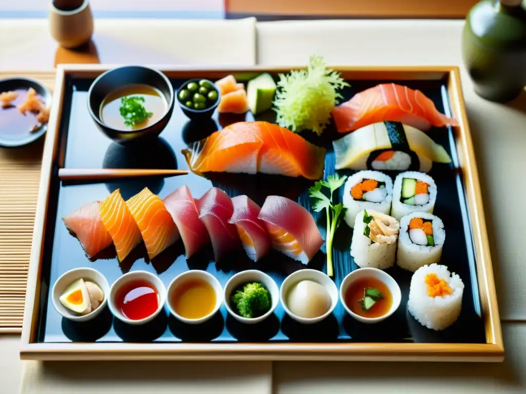 Una comida japonesa tradicional con sashimi, sushi, sopa miso y vegetales en una bandeja lacada