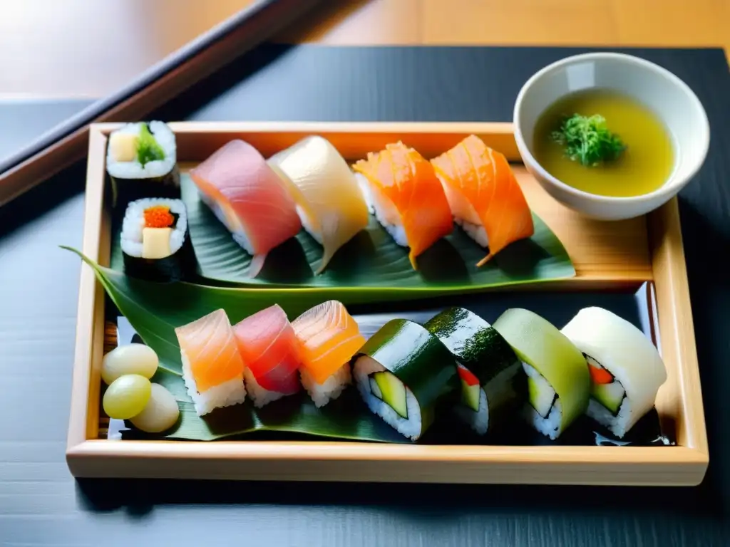 Una comida japonesa tradicional, con sushi, sopa miso, vegetales encurtidos y té verde, en un entorno sereno de un dojo samurái