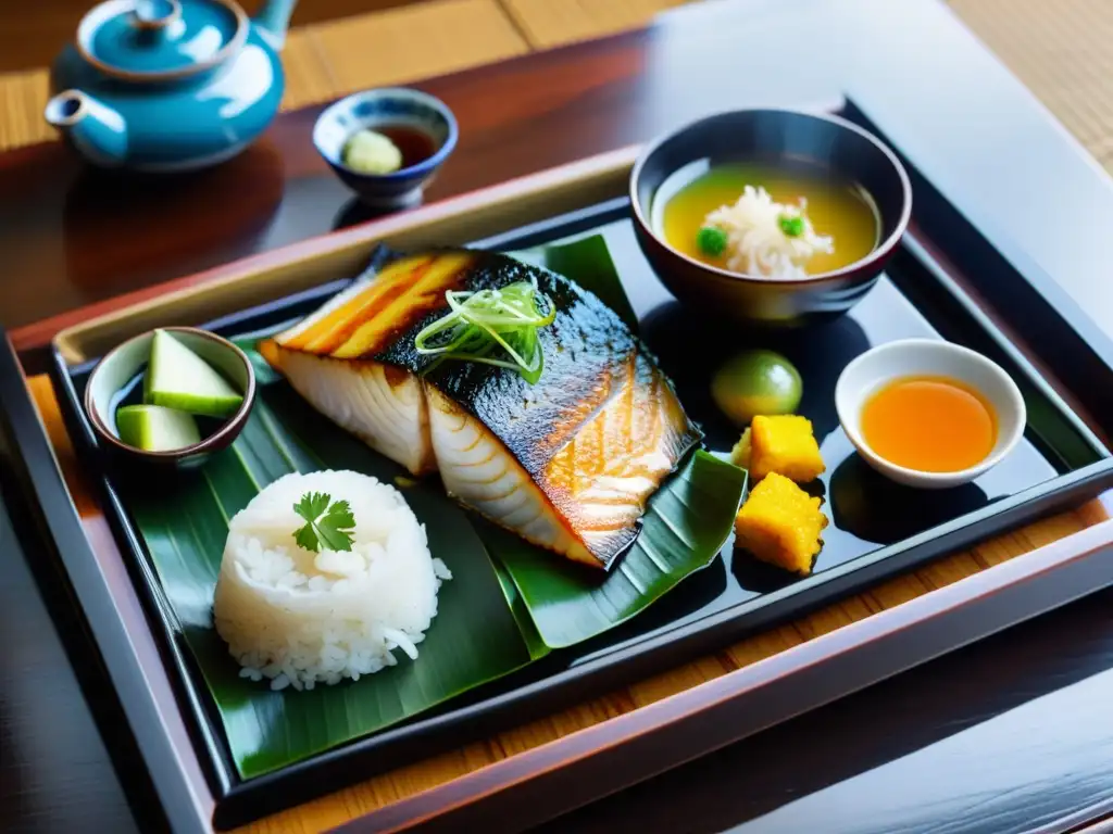 Una comida tradicional japonesa en bandeja de madera lacada, evocando la dieta samurái y su impacto en la salud y longevidad