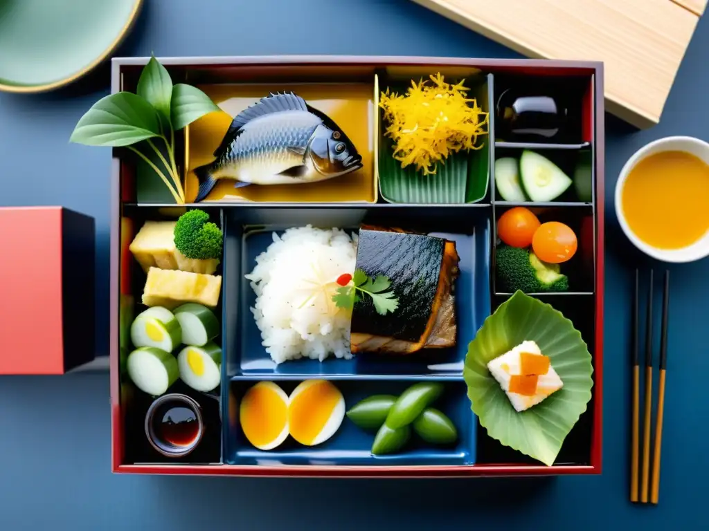 Una comida tradicional de los samuráis, meticulosamente preparada en un bento lacado en una serena escena de jardín japonés con cerezos en flor