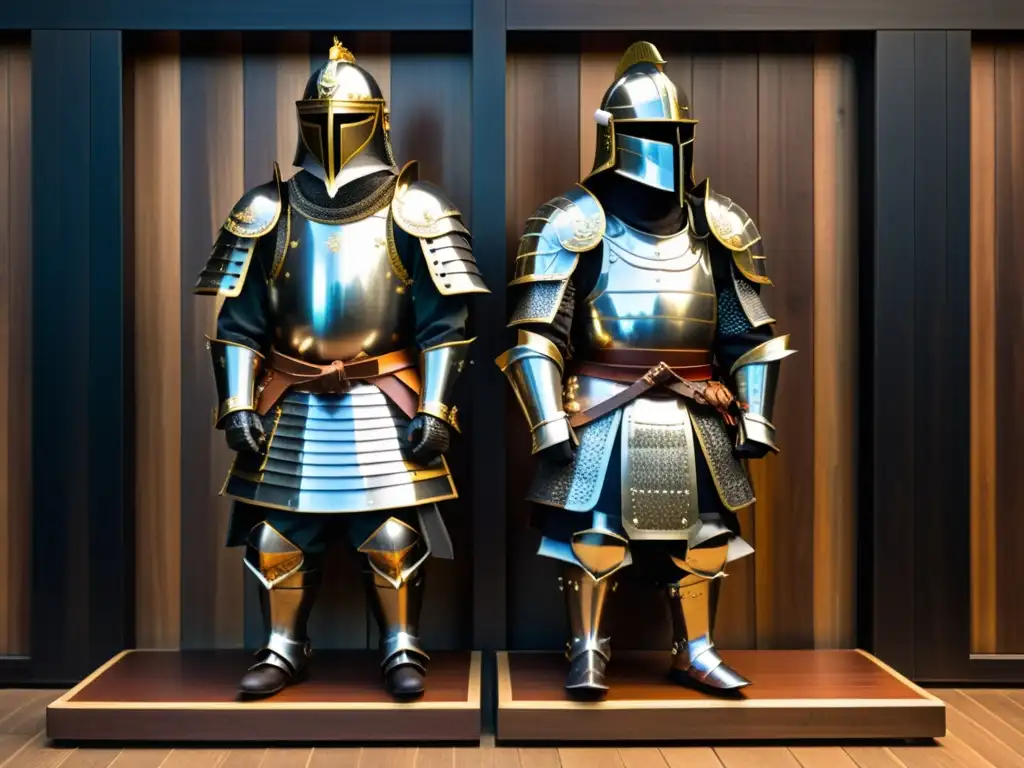 Armaduras de samurái y caballero: contraste histórico Comparativa armaduras samuráis caballeros: Detalles de armaduras samurái y de caballero medieval exhibidas juntas en plataforma de madera