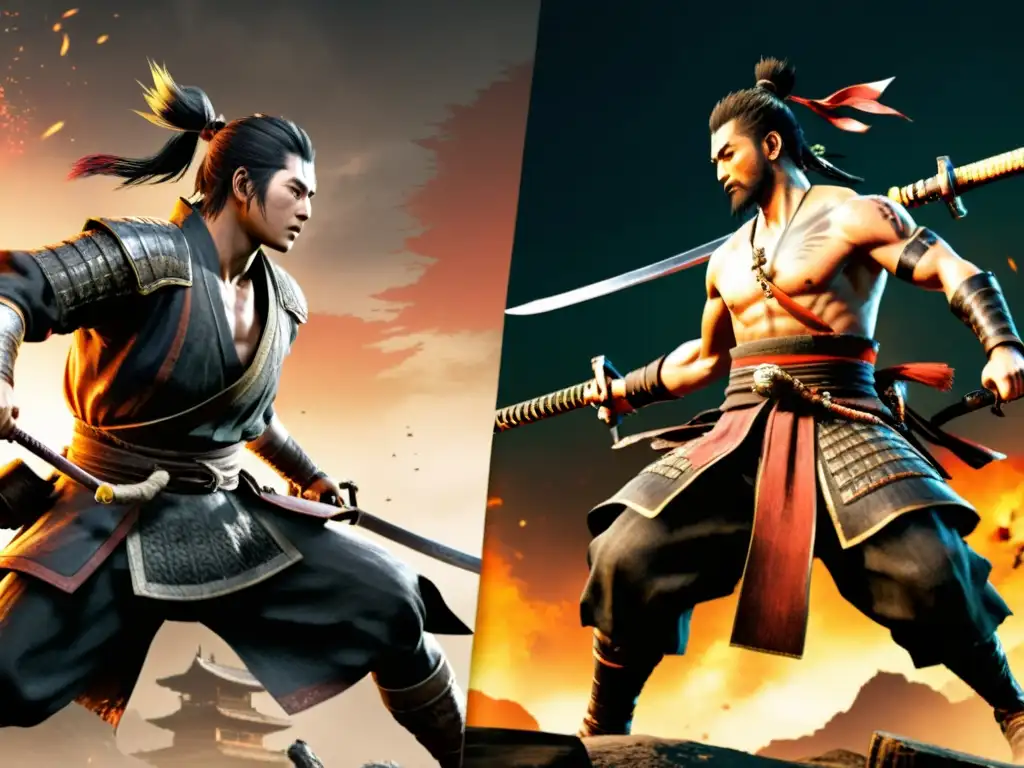 Comparativa estilos juego samuráis: Detallada comparación visual entre Nioh y Sekiro, destacando mecánicas de combate y diseño único