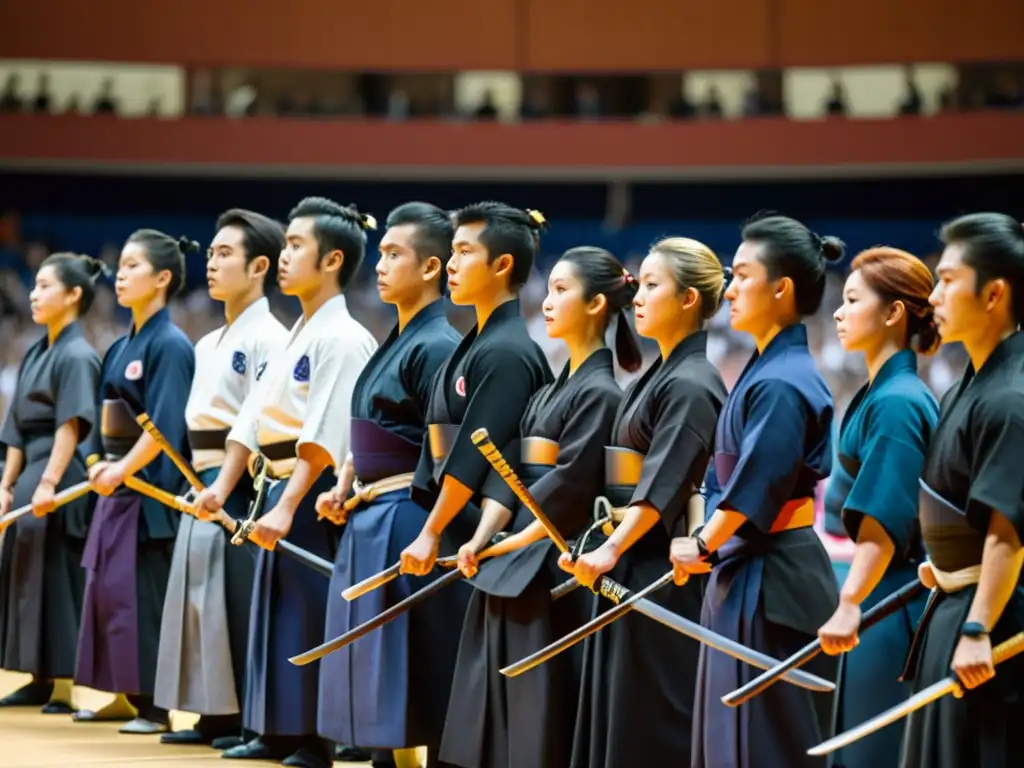 Competidores de Iaido realizan movimientos elegantes en el escenario, mientras los espectadores admiran el evento prestigioso