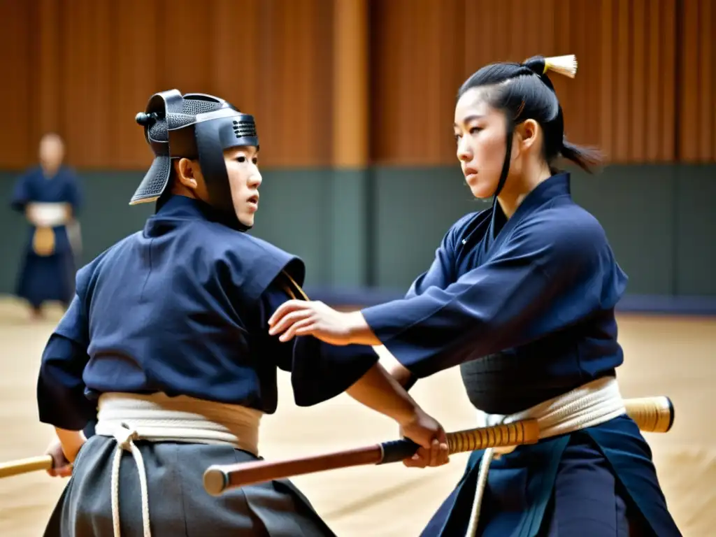 Dos competidores de kendo enfrentados en un combate, con determinación y estrategias para alcanzar la victoria