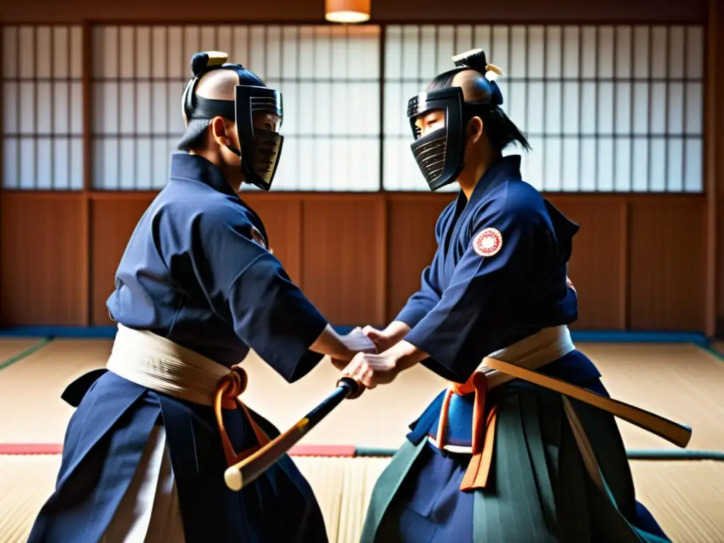 Competidores de kendo en un intenso duelo, expresiones determinadas y estrategias visibles