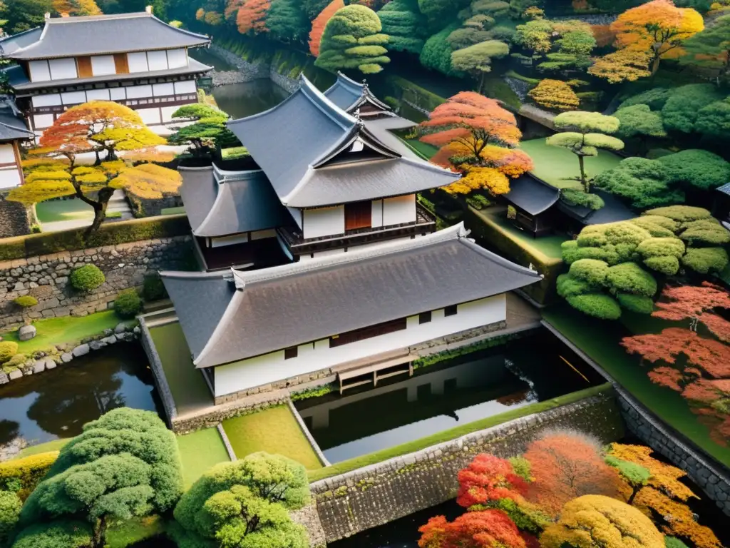 Complejo feudal japonés con castillo, murallas de piedra y edificios de madera entre frondosa vegetación