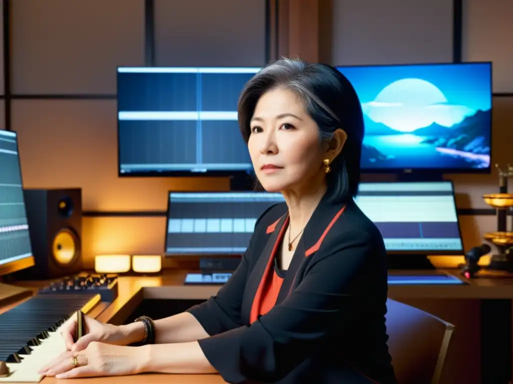 La compositora de videojuegos Yoko Shimomura rodeada de arte conceptual y una katana, creando música para videojuegos inspirados en la cultura samurái