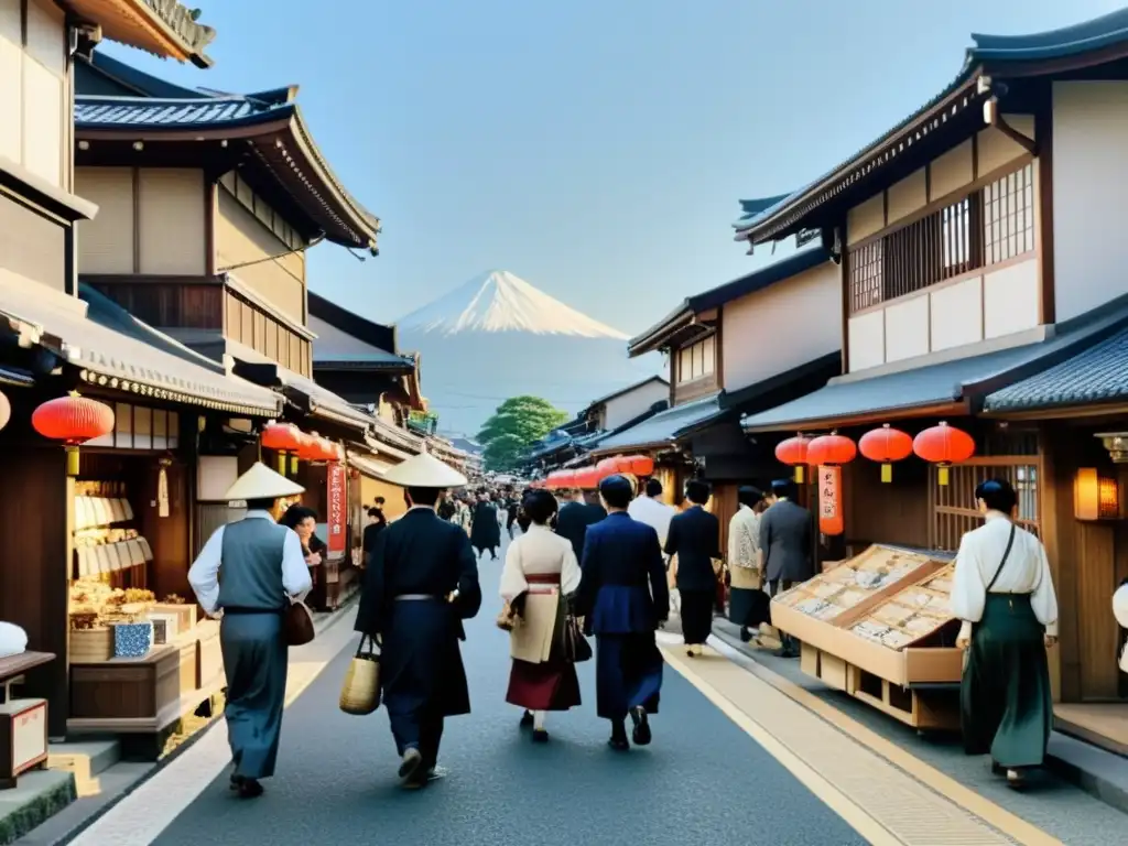 Concurrida calle en Meijiera Japón, un crisol de tradición y modernidad tras el Fin del Shogunato y consecuencias