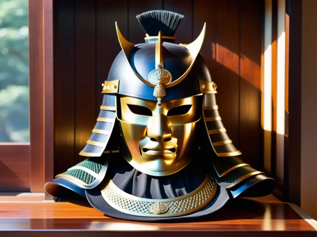 Un conjunto de armadura samurái detallado, con kabuto y mengu, iluminado por la luz del sol