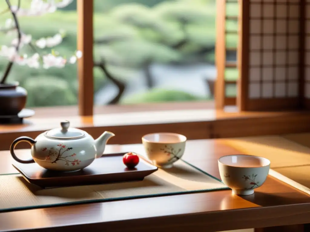 Conjunto de té japonés en mesa de madera, con patrón de flores de cerezo