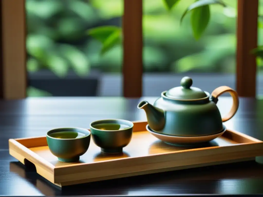 Conjunto de té japonés tradicional con utensilios de cerámica y polvo de matcha, iluminado por luz natural