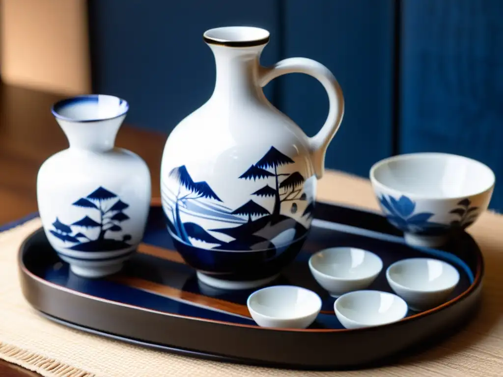 Conjunto de sake japonés de porcelana con diseños azules y blancos, escenas naturales y folclore