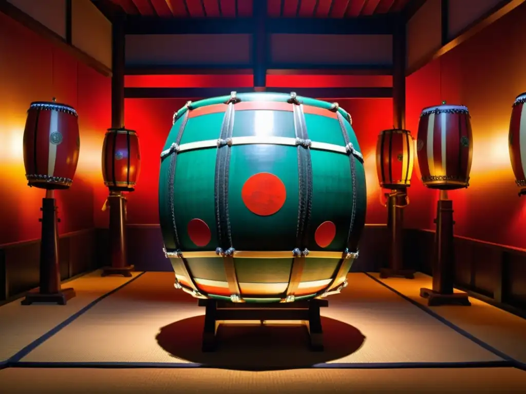 Un conjunto de tambores de guerra japoneses, taiko, rodeados de armaduras samurái, iluminados por una luz tenue