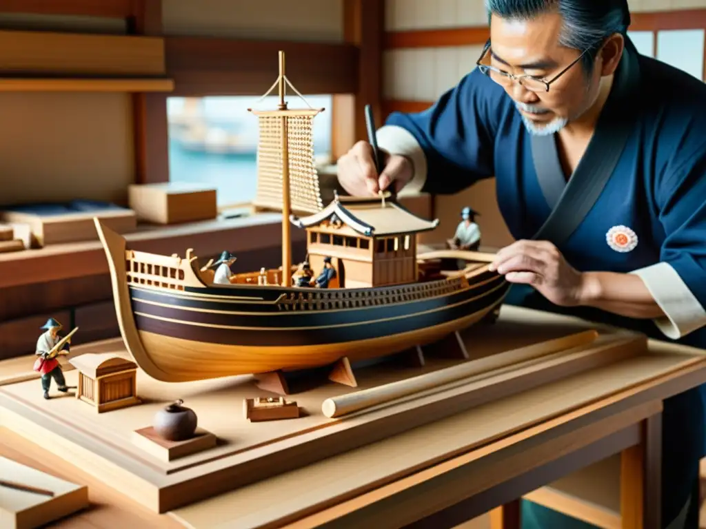 Construcción de barcos samurái en un bullicioso astillero japonés, artesanos detallistas trabajan meticulosamente bajo cálida luz natural