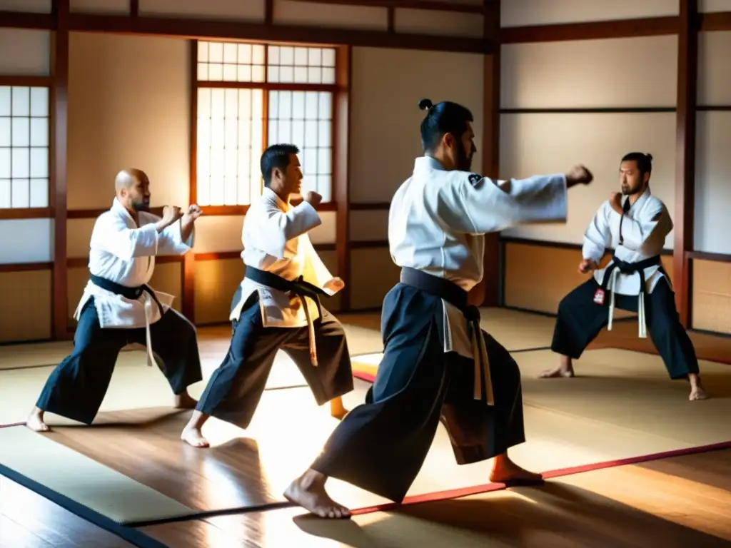 Práctica contemporánea del bushido en un dojo tradicional, con luz solar creando sombras dramáticas en el suelo de madera