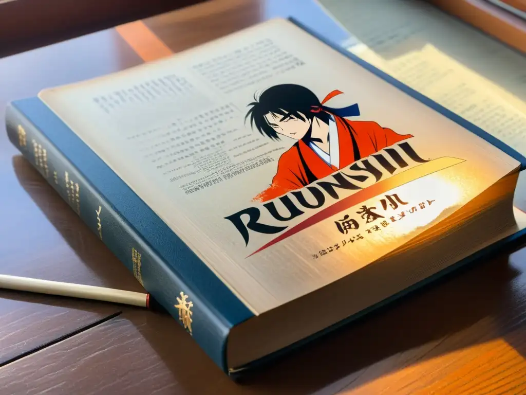 Una copia gastada de 'Rurouni Kenshin' reposa en un escritorio de madera, rodeada de libros de historia y literatura japonesa