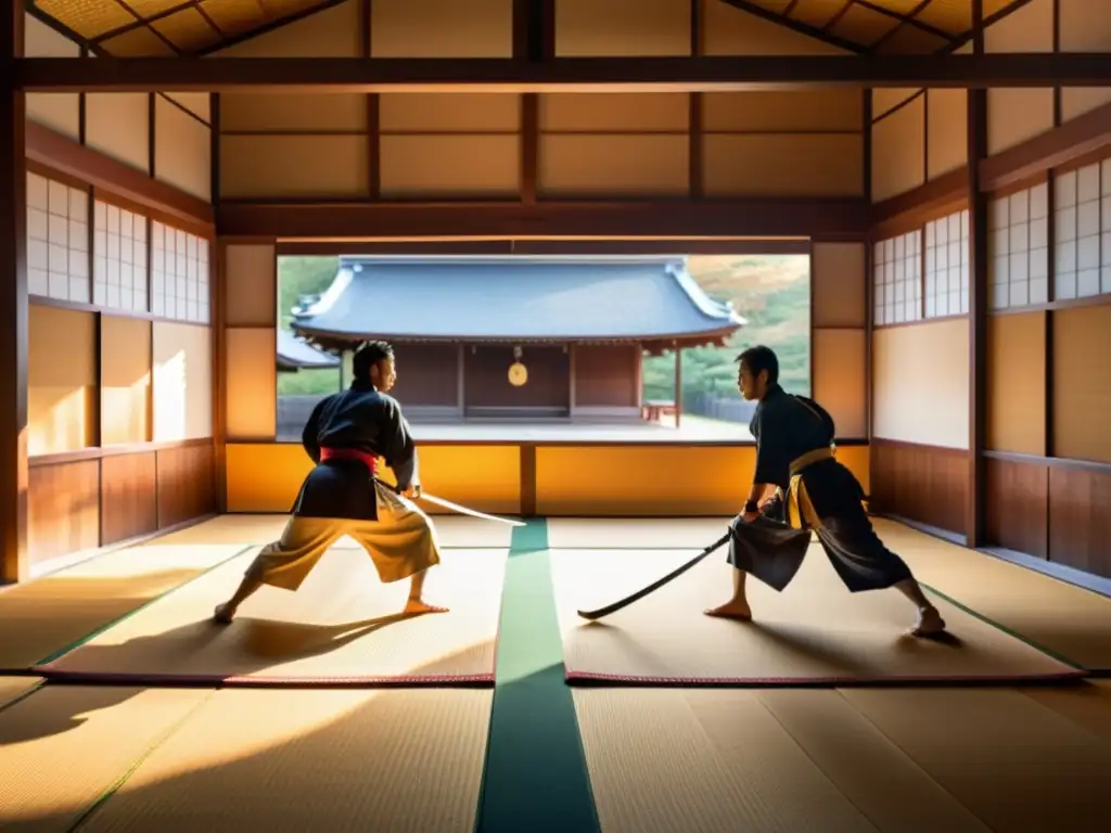 Coreografías de lucha de samuráis en el cine: Dojo tradicional japonés al amanecer, samuráis entrenando con katanas, atmósfera serena y poderosa