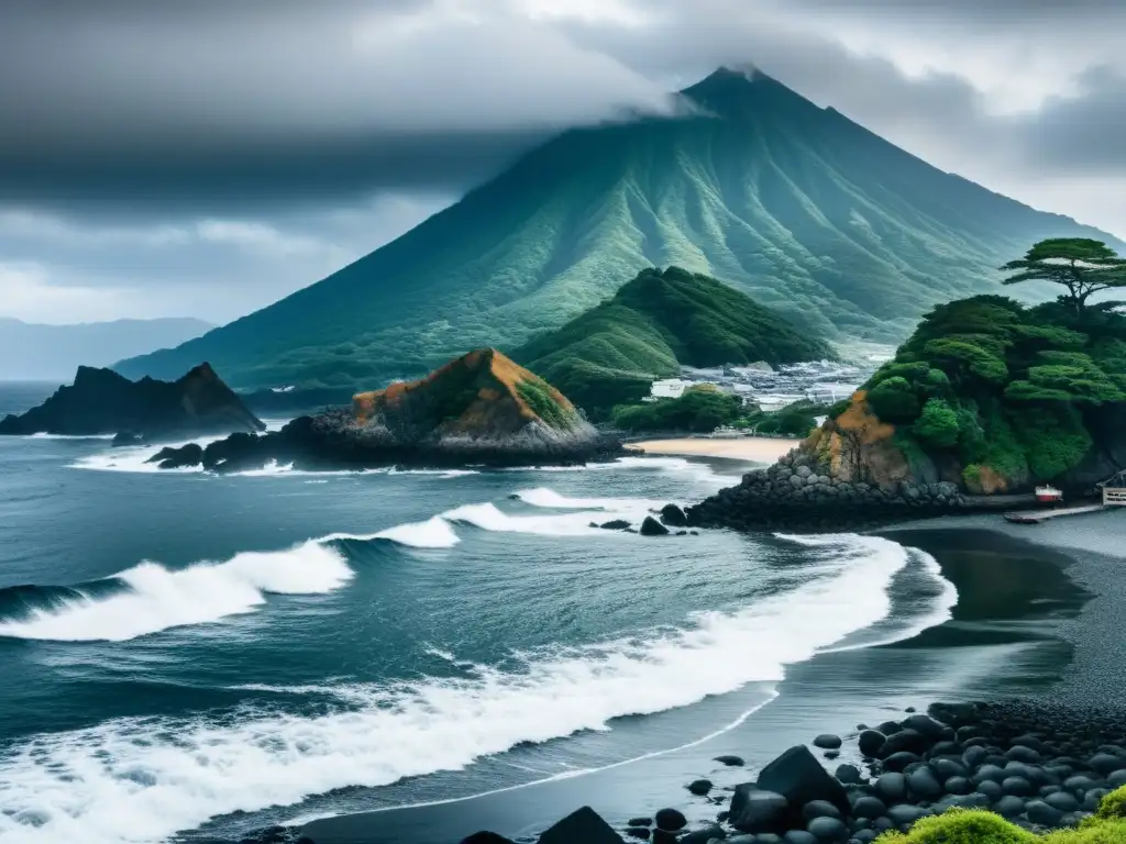 Costa del Guerrero y leyendas samurái: Fortaleza samurái en la costa rocosa, con olas rompiendo y el monte Fuji al fondo