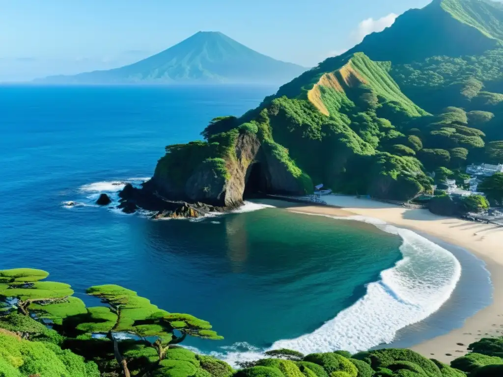 Costa del Guerrero y leyendas samurái: Vista panorámica de la costa de Izu, con olas del Pacífico chocando en acantilados volcánicos