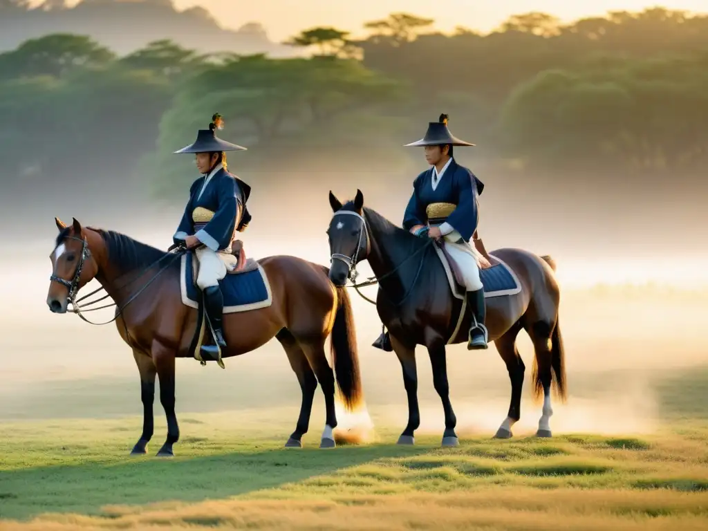 Crianza de caballos samurái al amanecer: cuidados expertos en un campo neblinoso, resaltando la tradición y la reverencia por estos nobles animales