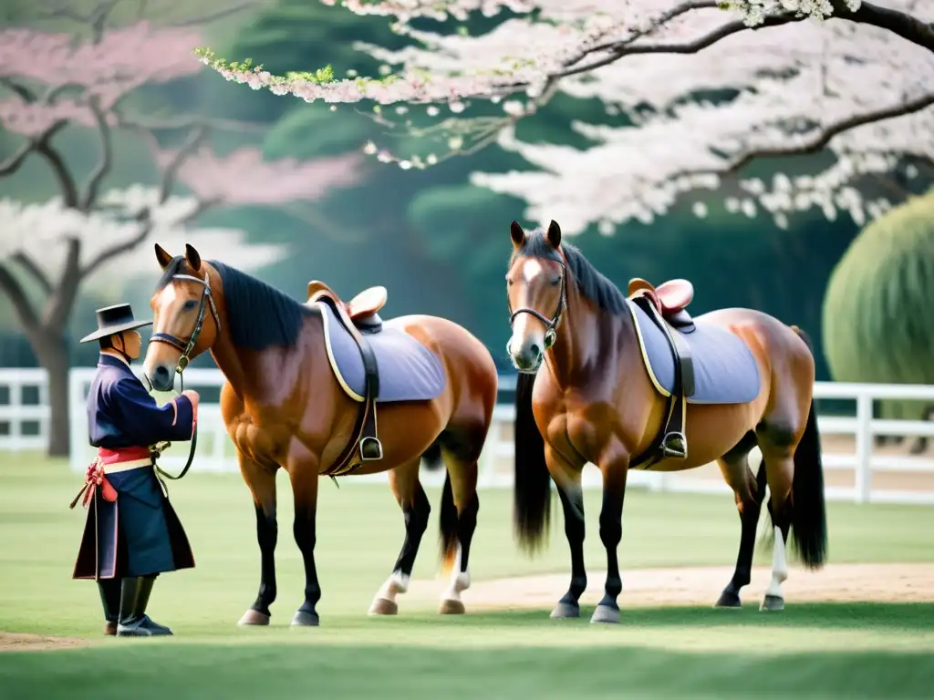 Crianza de caballos samurái: Entrenadores cuidando majestuosos caballos con técnicas ancestrales, en un ambiente sereno con cerezos en flor