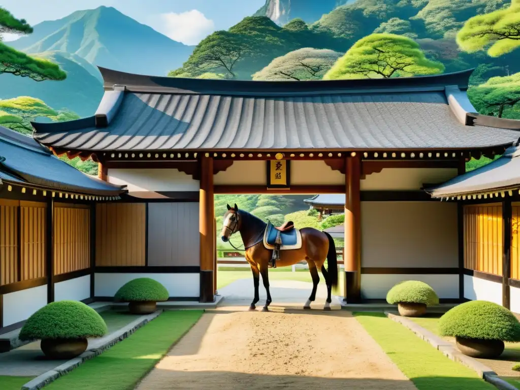 Crianza de caballos samurái en un establo japonés tradicional con guerreros y paisaje montañoso neblinoso