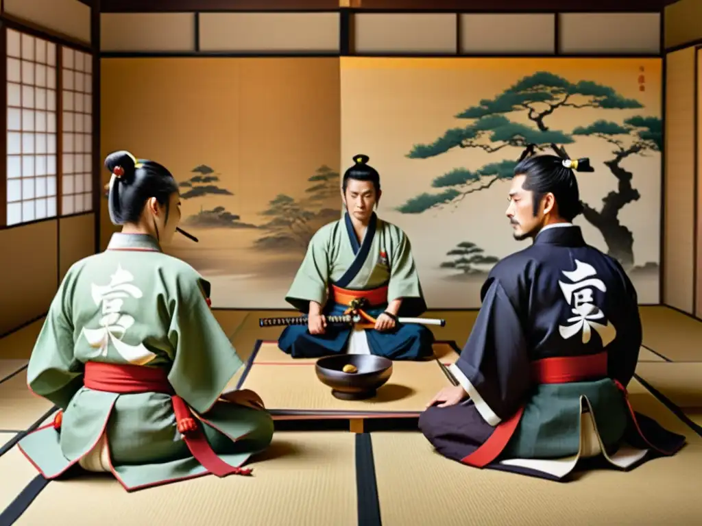 Un cuadro muestra a guerreros samuráis participando en una ceremonia del té en una sala tradicional japonesa