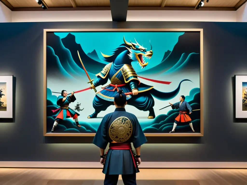 Obra maestra surrealista: Batalla de samuráis Un cuadro impactante en una galería de arte contemporáneo, fusionando surrealismo con samurái, rodeado de admiradores impresionados