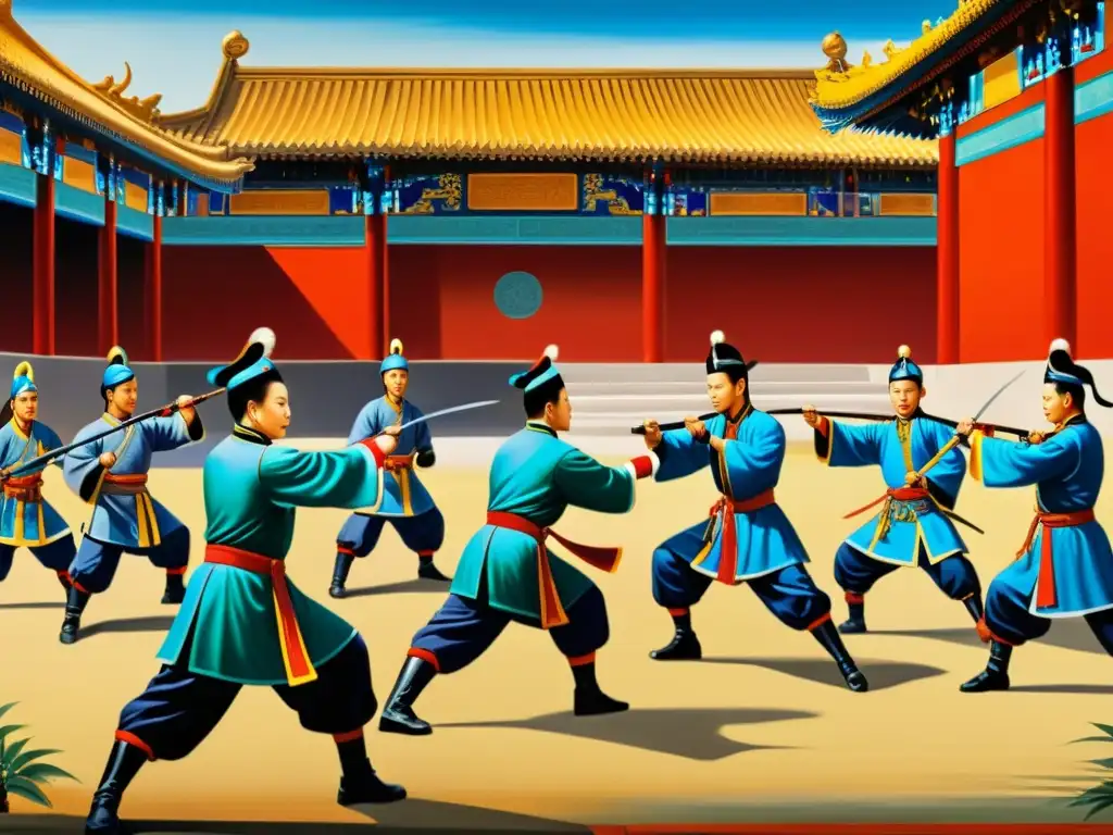 Cuadro de soldados chinos practicando artes marciales en un templo tradicional, con paralelismos estratégicos Sun Tzu samuráis