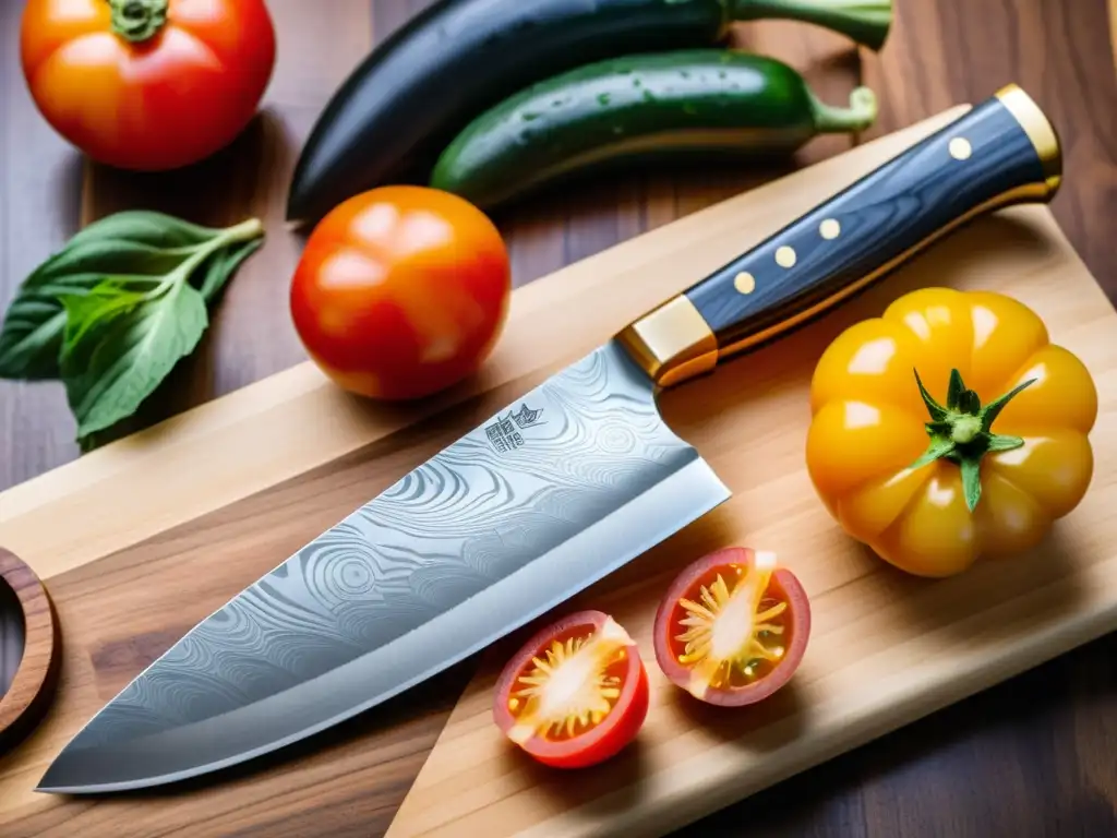 Un cuchillo de cocina japonés 'gyuto' de acero de Damasco sobre tabla de cortar con ingredientes frescos