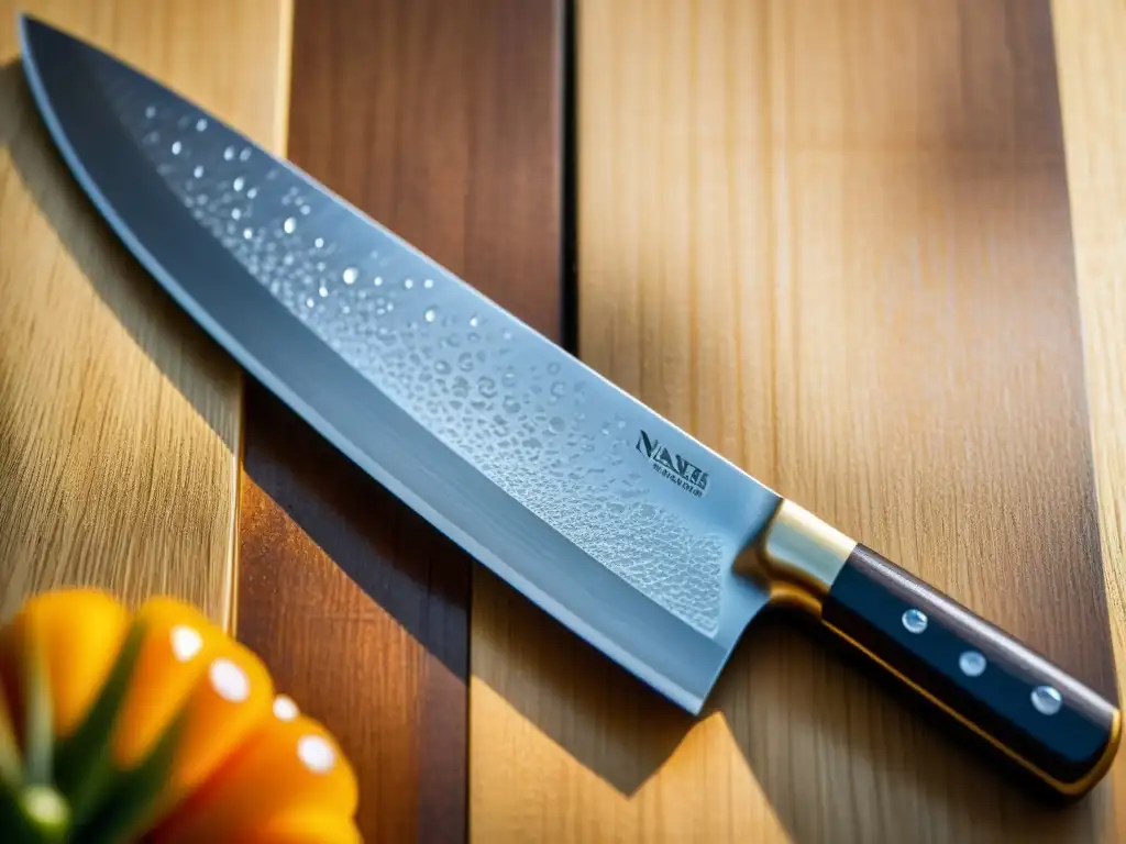 Un cuchillo nakiri japonés de acero plegado descansa en una tabla de cortar de madera, utilizado en banquetes samurái gastronomía tradicional