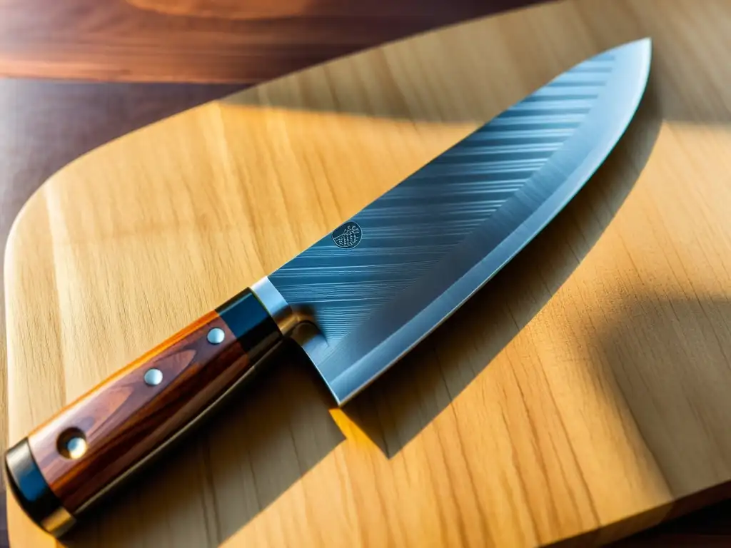 Un cuchillo santoku japonés de acero de Damasco refleja la influencia samurái en la gastronomía mundial, con su hoja y mango artesanales