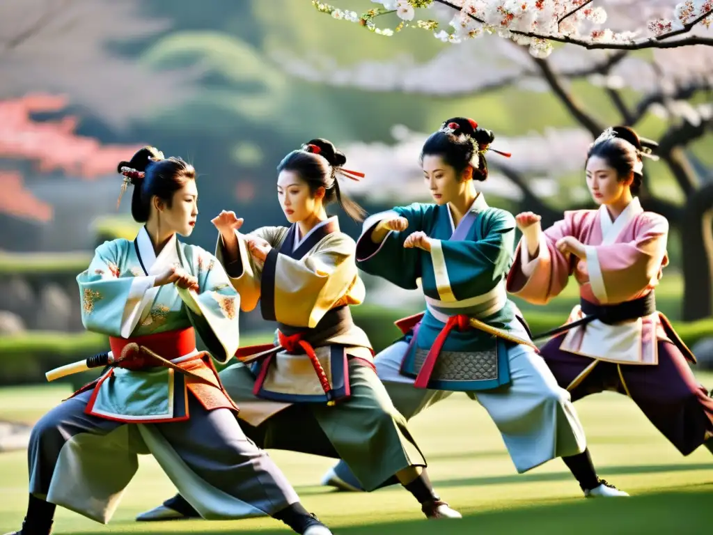 Onnabugeisha: Guerreras samurái en acción Cultura samurái mujeres guerreras practicando artes marciales en armaduras tradicionales, en un jardín japonés con cerezos en flor