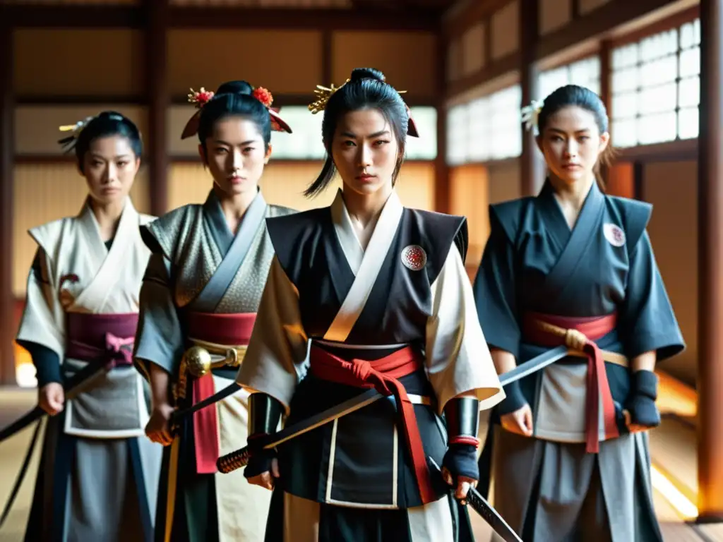 Onnabugeisha: Guerreras Samurai en Entrenamiento Cultura samurái mujeres guerreras entrenando con katanas en un dojo, exudando fuerza y determinación en un ambiente tradicional japonés