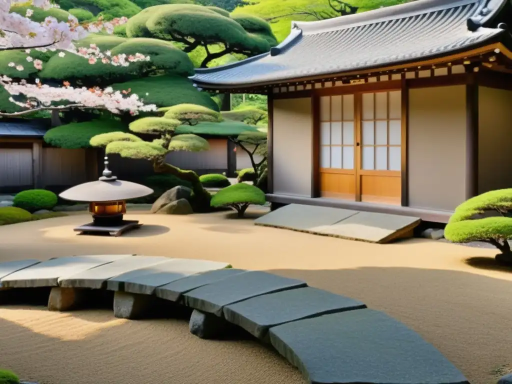 Jardín Zen japonés: tranquilidad y armonía en la naturaleza Un jardín Zen en la cultura samurái: Serenidad japonesa con árboles podados, rocas y un templo al fondo