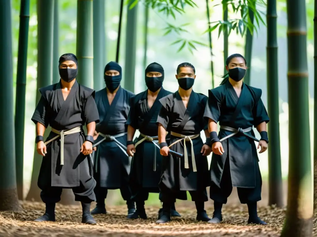 Cultura samurái en el mundo moderno: Grupo de ninjas en un bosque de bambú, listos para una misión sigilosa